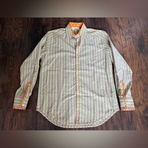 Robert Graham Mens Button Up Shirt Lime Green Purple Striped Flip Cuff SIze M